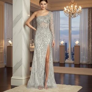 GB Gianni Bini Elegant Silver One-Shoulder Sequin Gown – Size 3 (Juniors) NWT